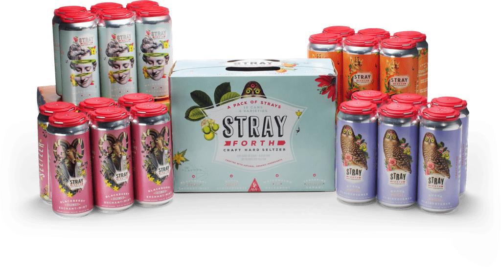 Stray Forth comes in 6 packs of 16oz cans and assorted 12 packs of 12oz cans